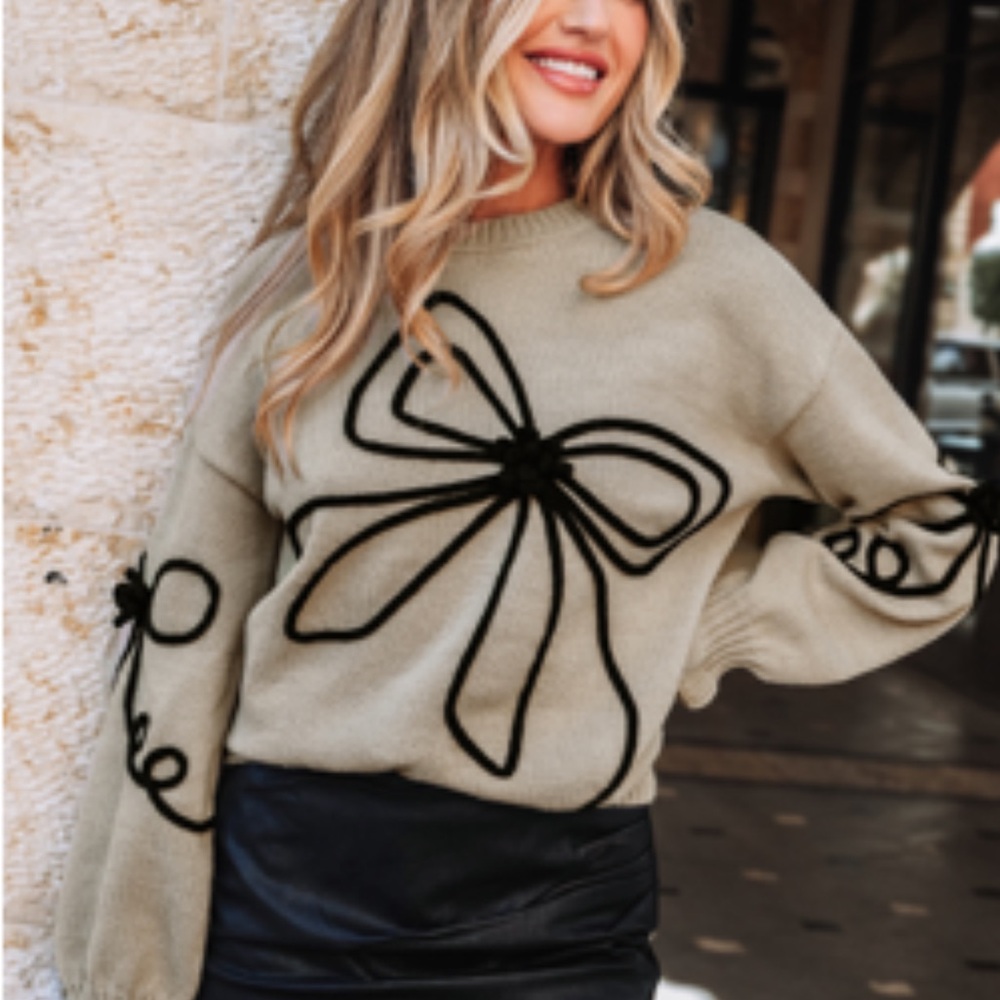Cupshe Cream Sweater with Black Bow Design